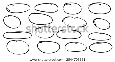 Circle hand drawn isolated on white background. Collection of different hand drawn red circles. For web site, logo and text check. 333
