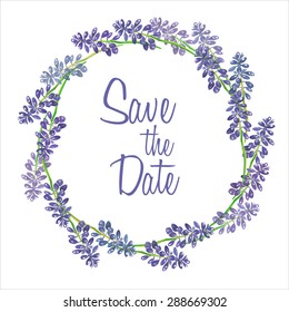 Circle of hand drawn lavender flowers .Greeting card or Invitation. Vector illustration.