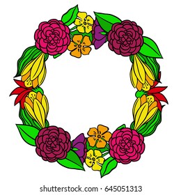 Circle hand drawn rose flower illustration frame. Wreath for greeting cards, decorations, wedding invitations.