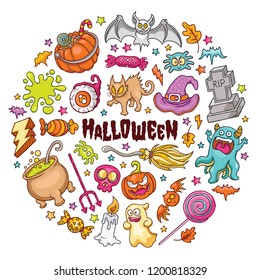 Circle Hand drawn set of Halloween doodles in Colors vector