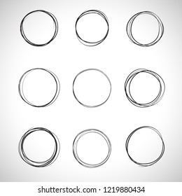 Circle hand drawn set isolated on gray background. Collection of different hand drawn black circles. For web site, logo and text check. Vector illustration