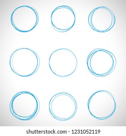 Circle hand drawn set isolated on gray background. Collection of different hand drawn circles. For web site, logo and text check. Vector illustration