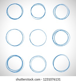 Circle hand drawn set isolated on gray background. Collection of different hand drawn black circles. For web site, logo and text check. Vector illustration