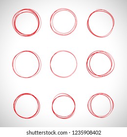 Circle hand drawn set isolated on gray background. Collection of different hand drawn red circles. For web site, logo and text check. Vector illustration