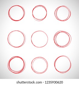 Circle hand drawn set isolated on gray background. Collection of different hand drawn red circles. For web site, logo and text check. Vector illustration