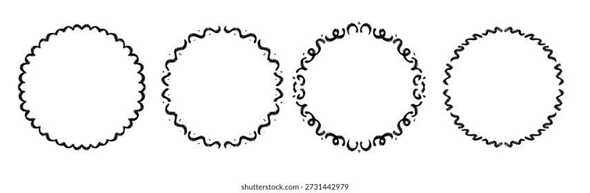 circle hand drawn wavy frame set round black ribbon border