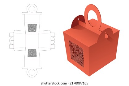 Circle handle box with stenciled pattern window die cut template and 3D mockup