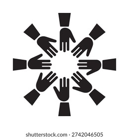A circle of hands reaching towards the center symbolizing unity and collaboration