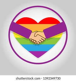 Circle with a handshake on the background of the heart in LGBT colors