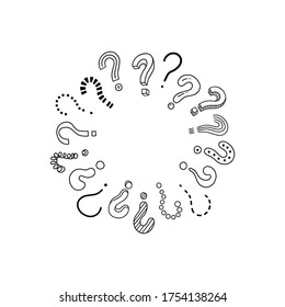 Círculo de signos de interrogación escritos a mano. Doodle conceptual, estilo de esbozo. Las imágenes de Doodle se aíslan en blanco. Ilustración vectorial sobre fondo blanco. Símbolos de problemas, problemas, confusión.