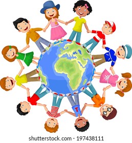 Circle of happy children different races
