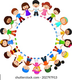 Circle of happy children different races