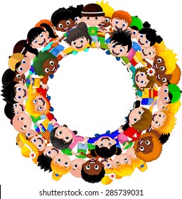 Circle of happy children of different races