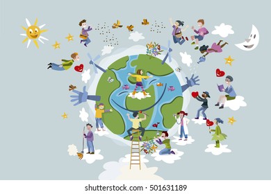 Circle of happy children of different races working and playing together take care of Planet Earth.