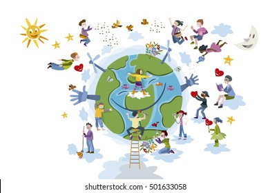 Circle of happy children of different races working and playing together take care of Planet Earth.