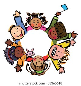 Circle of happy children different races