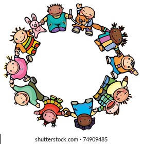 Circle of happy children different races.