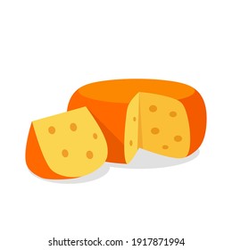 a circle of hard cheese with large holes and a cut triangular piece. vector illustration isolated on white background