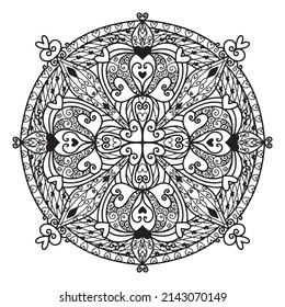 Circle of heart in mandala pattern for Coloring book, doodle style mandala.