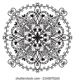 Circle of heart in mandala pattern for Coloring book, doodle style mandala.