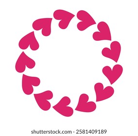 Circle Heart pink frame. Hand drawn Wreath for Valentines Day design banner poster template. Simple minimalist round border in flat style