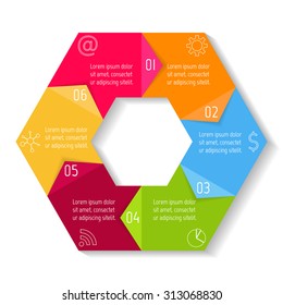 Circle hexagon infographic design template. Round banner with 6 options. Number banners template for diagram, graph, presentation or chart. Business concept sequence banners. EPS10 workflow layout.