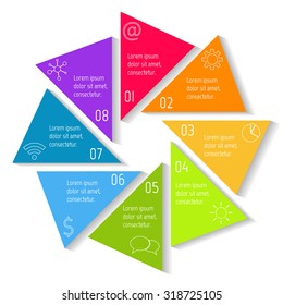 Circle hexagon infographic design template. Round banner with 8 triangle options. Number banners template for diagram, graph, presentation or chart. Business concept sequence banners. EPS10 layout.
