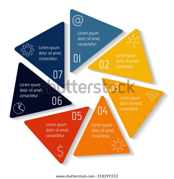 円六角形のインフォグラフィックデザインテンプレート 7つの三角形のオプションを持つ丸いバナー 図表 グラフ プレゼンテーション またはグラフの番号バナーテンプレート ビジネスコンセプトシーケンスバナー Eps10レイアウト のベクター画像素材 ロイヤリティ
