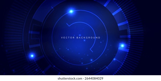 Círculo de alta tecnología azul neón rayo de luz sobre fondo azul oscuro. Concepto de tecnología futurística. Ilustración vectorial