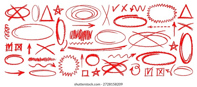 Resalte circular, óvalo de tiza. Dibujado a mano círculos de línea y óvalos por lápiz, crayón, pluma, marcador, pincel, tiza. Boceto de subrayado redondo áspero. Esquema doodle png. Vector de escritura a mano de cuadro de texto en color rojo