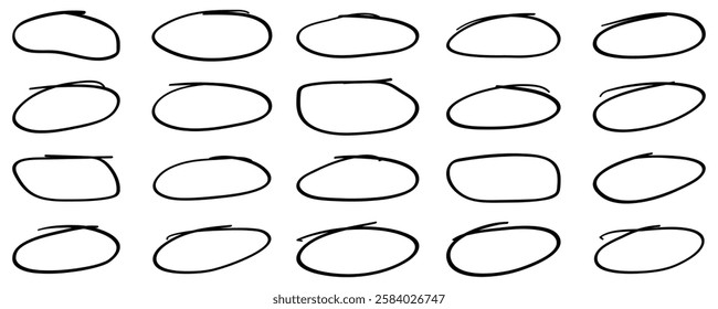 Circle highlighter line sketch set. Marker ellipses frames in sketch style. Black circle pen ovals doodle. Collection isolated on white background.