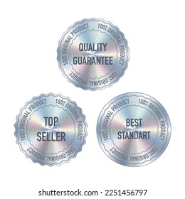 Circle holografic labels with abstract spiral pattern and guarantee text for your product