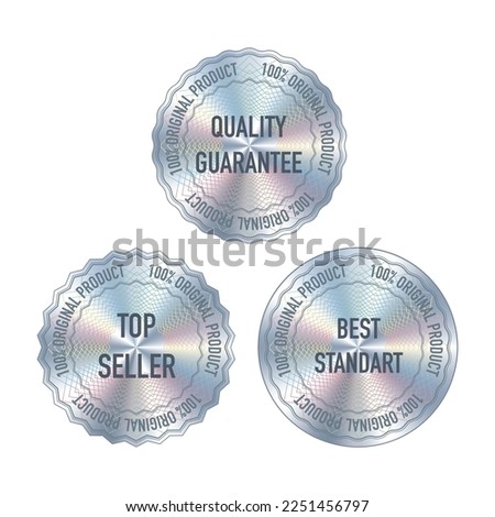 Circle holografic labels with abstract spiral pattern and guarantee text for your product