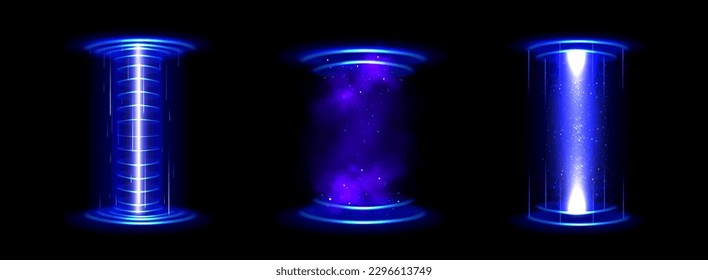 Circle hologram game portal with hud light effect. Futuristic technology magic podium for ui fantasy interface. Neon led glow stage with blue laser round and glitter teleport funnel illustration set