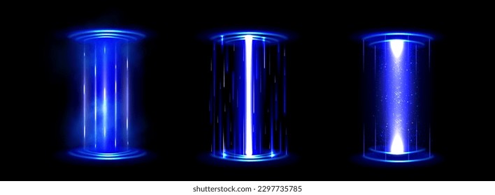 Circle hologram game portal with hud light effect. Futuristic technology magic podium for ui fantasy interface. Neon led glow stage with blue laser round and glitter teleport funnel illustration set