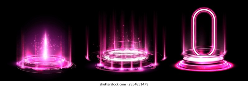 Circle holograms, magic portals, futuristic podium for show product. Round teleport or magic portal isolated on checkered background. Futuristic red teleport. Magic fantasy portal. Light effect.