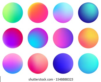 	
Circle holographic gradients set, sphere buttons. Multicolor green purple yellow orange pink red violet cyan blue fluid circle gradients, colorful soft round buttons, vivid color spheres flat set.