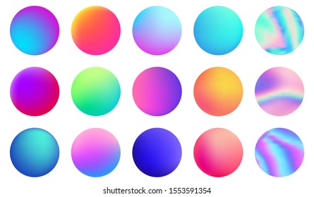 Circle holographic gradients set, sphere buttons. Multicolor green purple yellow orange pink red violet cyan blue fluid circle gradients, colorful soft round buttons, vivid color spheres flat set.