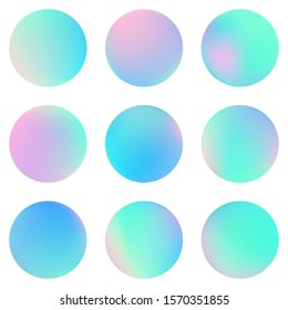 Circle holographic gradients set, sphere buttons. Multicolor neon hologram fluid circle gradients, colorful soft round buttons, vivid blurred color spheres flat set.