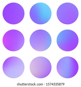 Circle holographic gradients set, sphere buttons. Multicolor neon hologram fluid circle gradients, colorful soft round buttons, vivid blurred color spheres flat set.