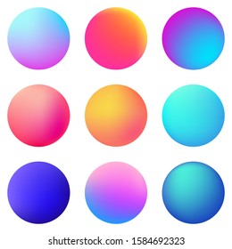 Circle holographic gradients set, sphere buttons. Multicolor neon hologram fluid circle gradients, colorful soft round buttons, vivid blurred color spheres flat set.