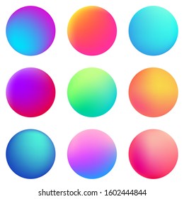 Circle holographic gradients set, sphere buttons. Multicolor neon hologram fluid circle gradients, colorful soft round buttons, vivid blurred color spheres flat set.