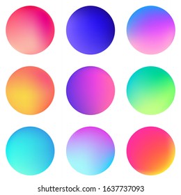 Circle holographic gradients set, sphere buttons. Multicolor neon hologram fluid circle gradients, colorful soft round buttons, vivid blurred color spheres flat set.
