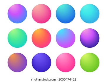 	
Circle holographic gradients set, sphere buttons. Multicolor green purple yellow orange pink red violet cyan blue fluid circle gradients, colorful soft round buttons, vivid color spheres flat set
