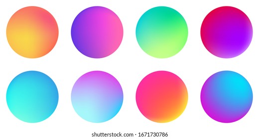 Circle holographic gradients set  spherical buttons  Multicolor neon hologram fluid color circle gradients  soft round buttons  vivid blurred spheres flat set for web icons  labels  signs 