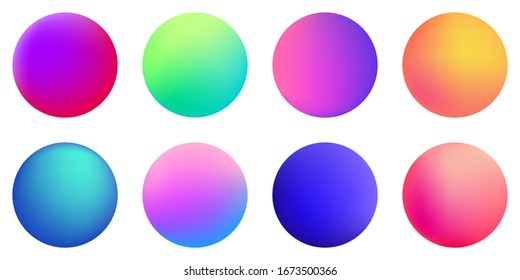 Circle holographic gradients set, spherical buttons. Multicolor neon hologram fluid color circle gradients, soft round buttons, vivid blurred spheres flat set for web icons, labels, signs.