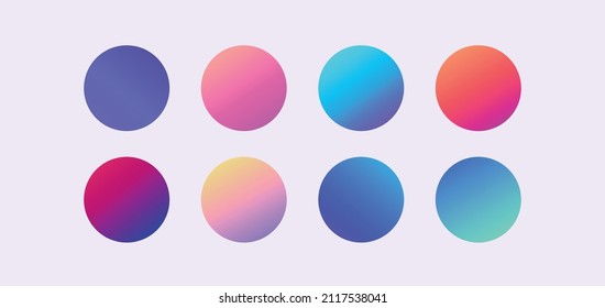 Circle holographic gradients set, spherical buttons. Multicolor neon hologram fluid color circle gradients, soft round buttons, vivid blurred spheres flat set for web icons, labels, signs