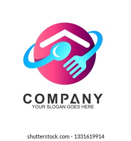 circle house with spoon fork logo design, food and cooking vector, restaurant logo, home kitchen
