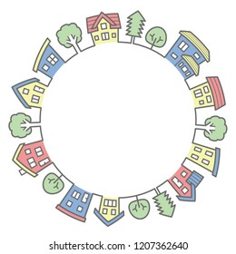 circle of houses and trees - line drawing and color - 