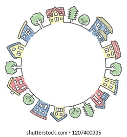 circle of houses and trees - rough line and scribble color - 